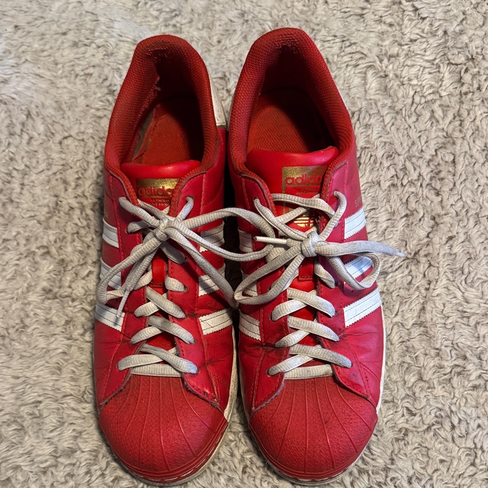 Adidas Red and White Superstar Shoes
